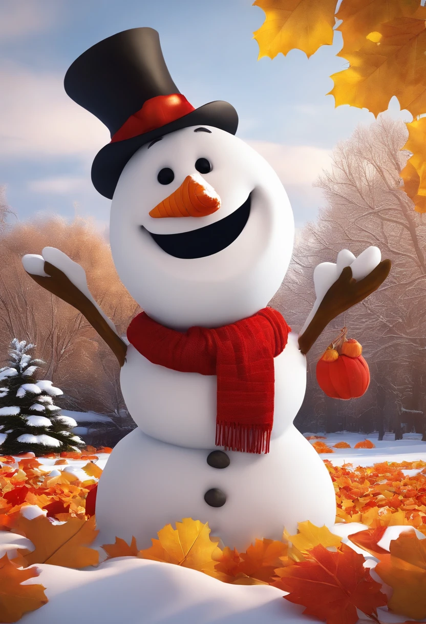 Build a snowman,Yellow leaves,White snow,Snowman red scarf,Carrot nose,chubbiness,A smile appeared on the corner of his mouth,anthropomorphic turtle,3D anime sexy