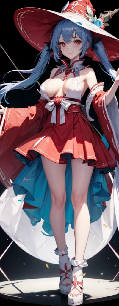(fully body photo:1.4),white backgrounid,(1 Witch,Flash fluorescence,Hats,Stylish Miko Costume,Delicate tiara,ssmile),(paper art,Quilted paper art,geometry),(Lots of colors,Best quality at best,high detal,tmasterpiece,movie light effect,4K,lightand shade contrast),Colossal tits,Red clothes,pigtails,Blue knee-length socks,luminous totem,Red-eyed,blue hairs,pigtails