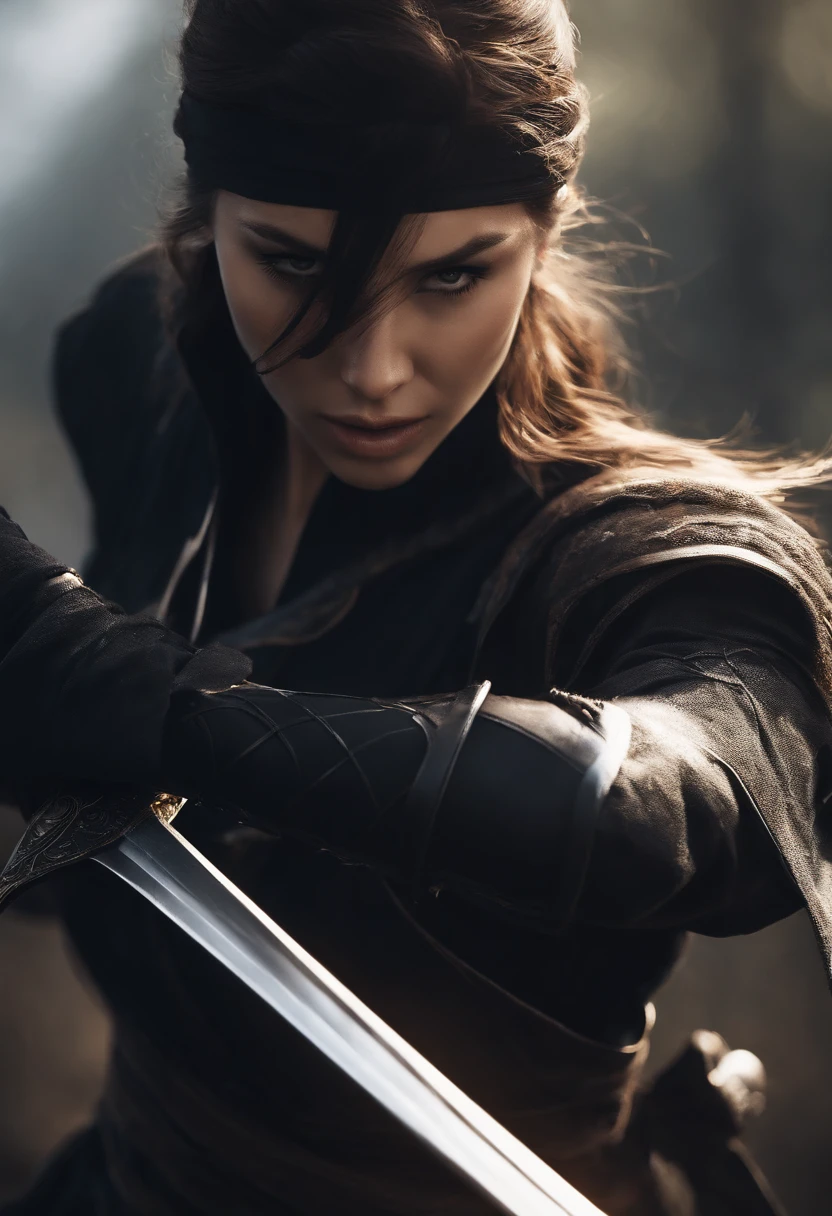 a girl, All black ninja outfit,hanging sword behind ,Whole body, sunlight, Clear Face, Clean white background, masterpiece, super detail, Epic composition, ultra hd, High Quality, Very detailed, official art, Uniform wallpaper 8K, super detail, 32k - in 6