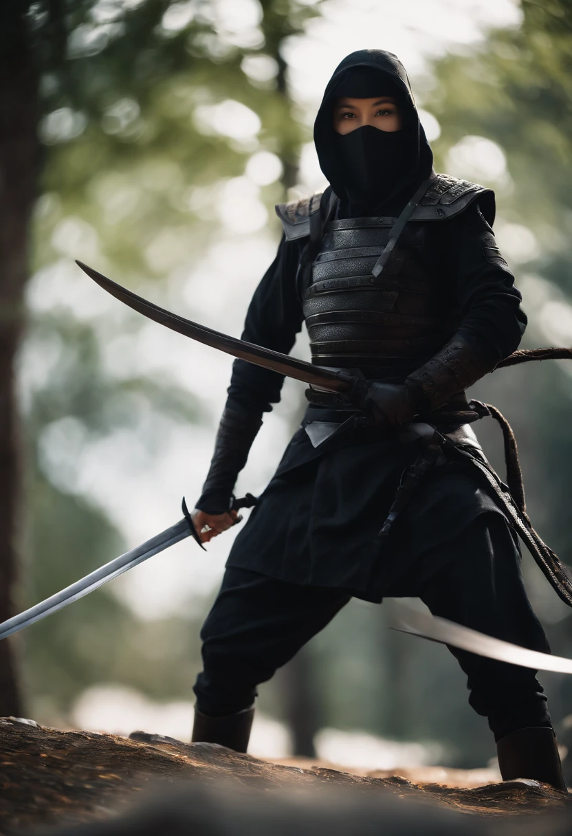 a girl, All black ninja outfit,hanging sword behind ,Whole body, sunlight, Clear Face, Clean white background, masterpiece, super detail, Epic composition, ultra hd, High Quality, Very detailed, official art, Uniform wallpaper 8K, super detail, 32k - in 6
