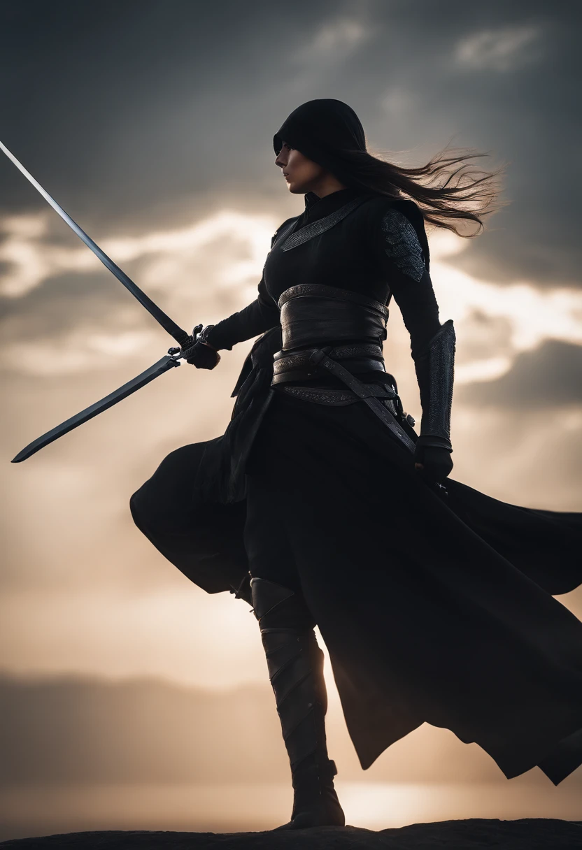 a girl, All black ninja outfit,hanging sword behind ,Whole body, sunlight, Clear Face, Clean white background, masterpiece, super detail, Epic composition, ultra hd, High Quality, Very detailed, official art, Uniform wallpaper 8K, super detail, 32k - in 6