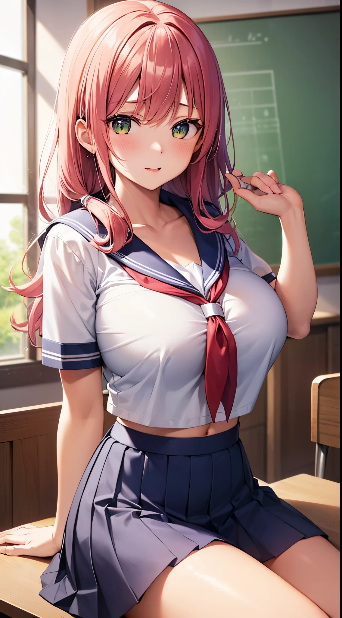 1 japanese school girl,25yo,cosplay,(sailor unifrom,white short sleeve shirt,navy collar,red scarf),pink hair,sparkring green eyes,huge breasts,in classroom,desk,sit,blurred background,ultra detailed beautiful face,beautiful lighting,realistic shadow,high resolution,(spread legs),(cropped navy pleated skirt),(lift up skirt),(showoff white strings panties),undressing,(lift up clothes),(showoff white bra),