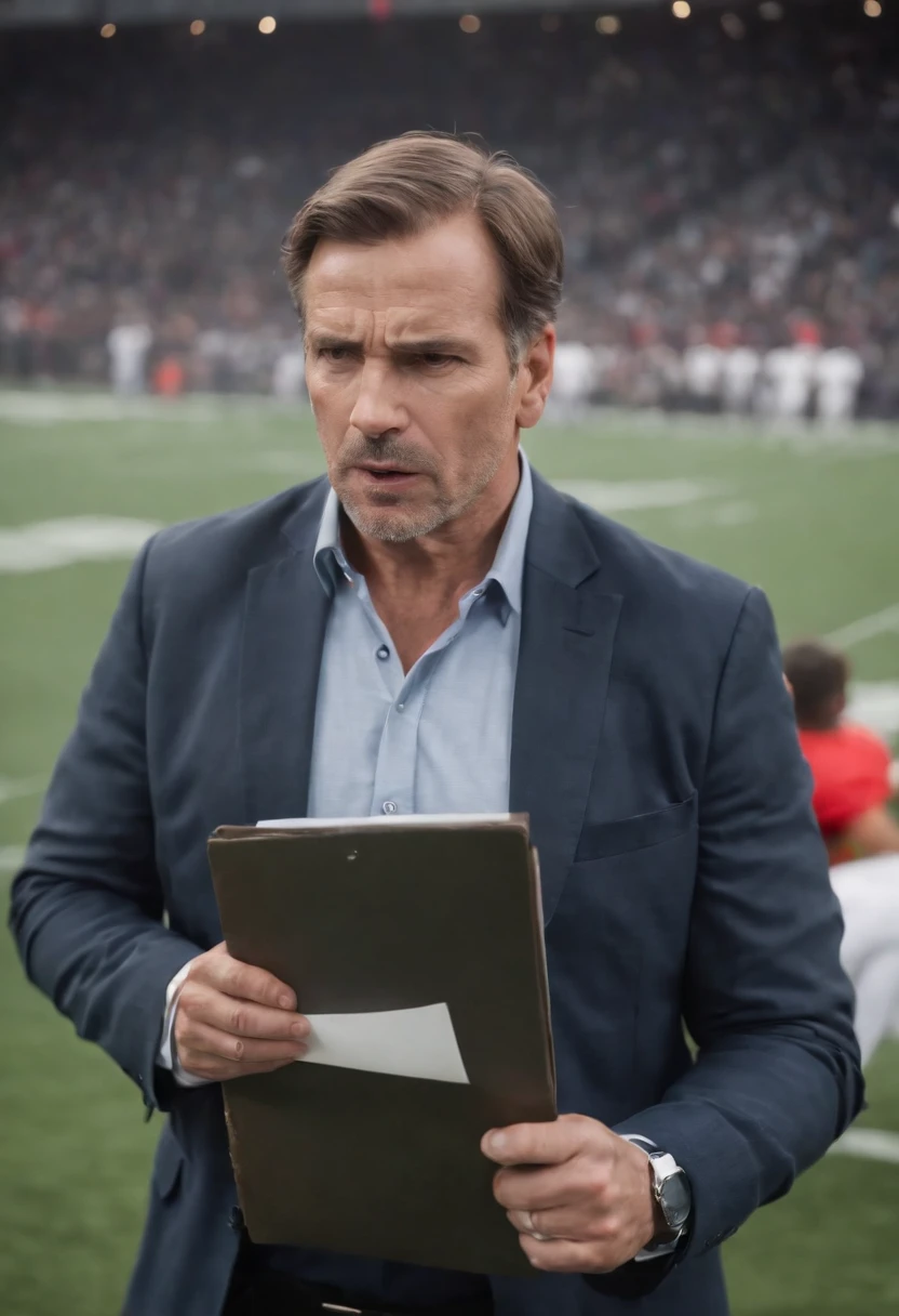 An image of the character angrily throwing a clipboard, with papers flying everywhere.,original,50 year old while male that is a football coach and is visibly upset