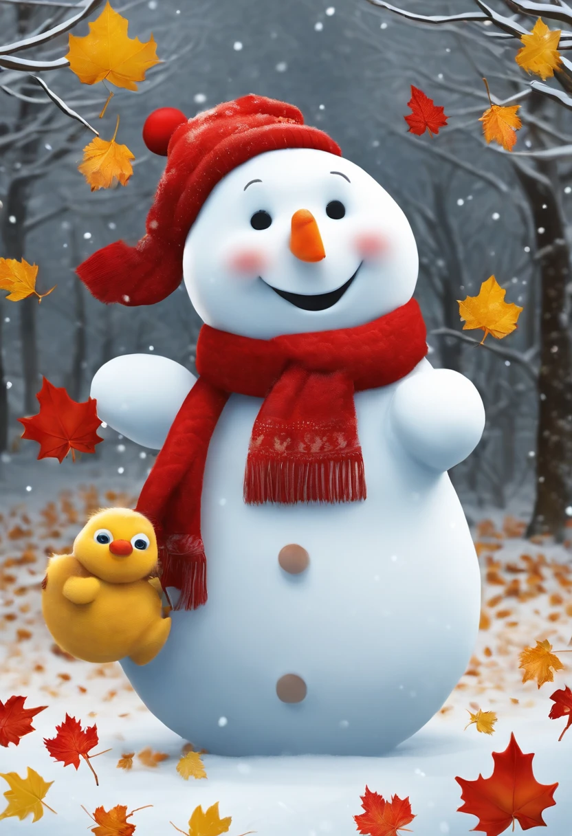 Make a snowman,Yellow leaves,White snow,Snowman red scarf,Carrot nose,chubbiness,A smile appeared on the corner of his mouth,anthropomorphic turtle