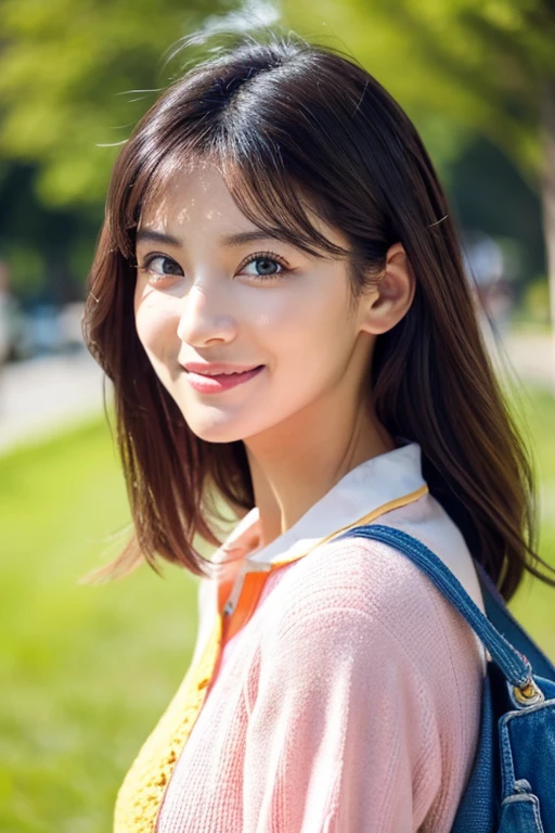 beautiful woman with good eyes and nose、Beautiful as a model、Cute like a model、Eyes are double、Usage of regular mascara、Eye color blue、Hair color pink、Her face is delicate and classy.、imagem 4k、Beautiful style like a model、Ordinary big、A refreshing and lovely smile、Yellow blouse、plain orange miniskirt、University campus on a sunny day、Pose like a model、Overall portrait、Snapshots、Grab your second bag、