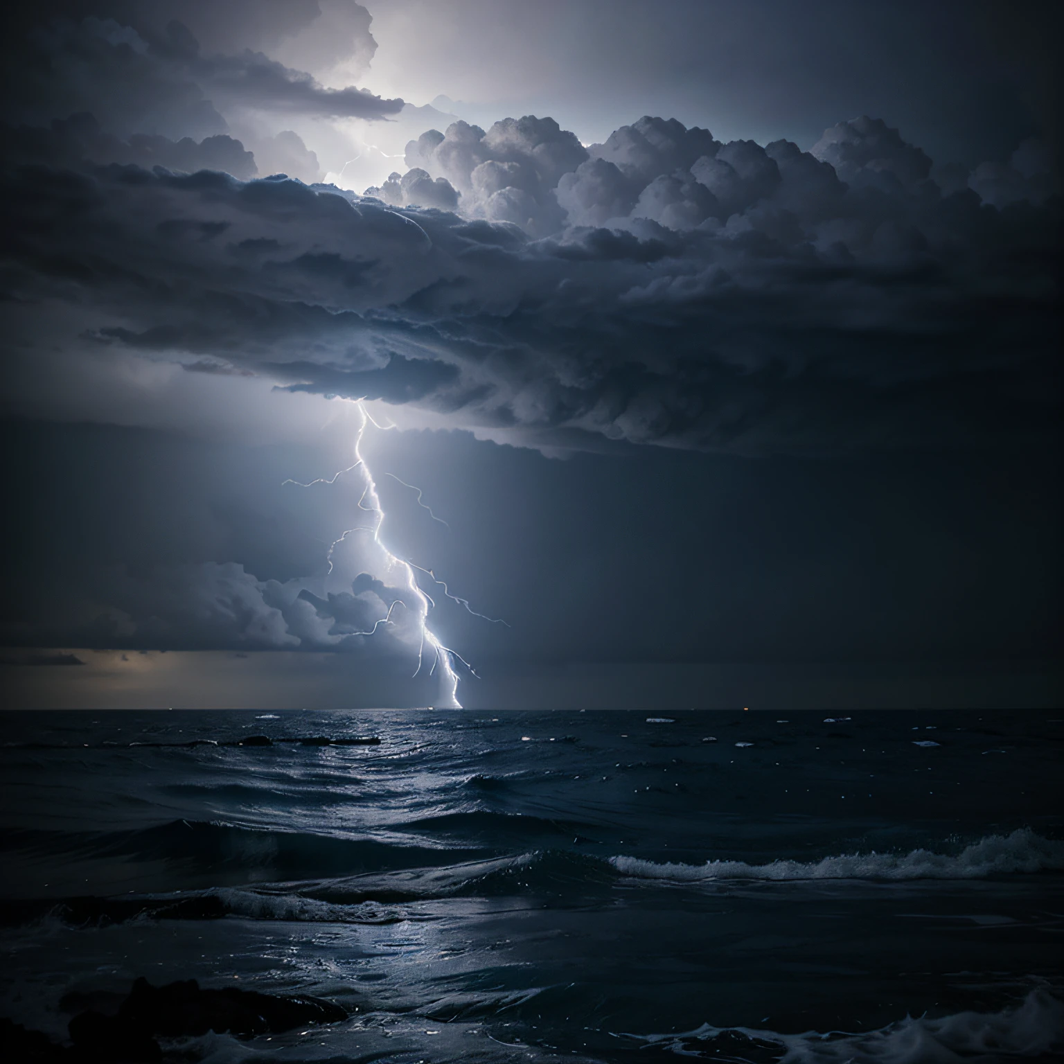 a sea with a lightning storm in the background blue filter, epic