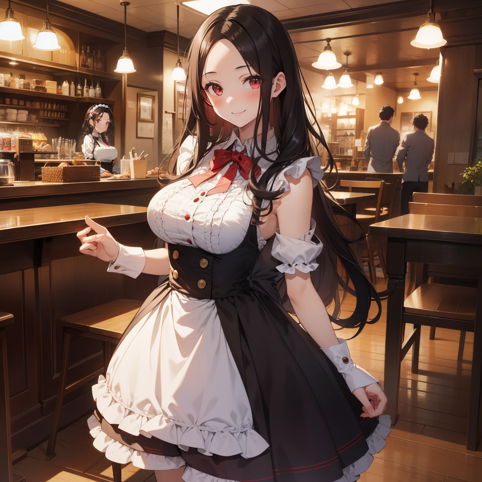 (masutepiece,Best Quality,8K),(extremely detailed CG1.1),teens girl,Smile,large boob,(From below:1.2),Intricate details , Hyper realistic, Perfect Anatomy,A dark-haired,Red Eyes,(((Forehead))),Permed hair with wavy hair,(((length hair))),Hair over one eye,hair slicked back,(((Standing))),Full body,Maid costume,blush,Happy smile,Old restaurant,Looking at Viewer