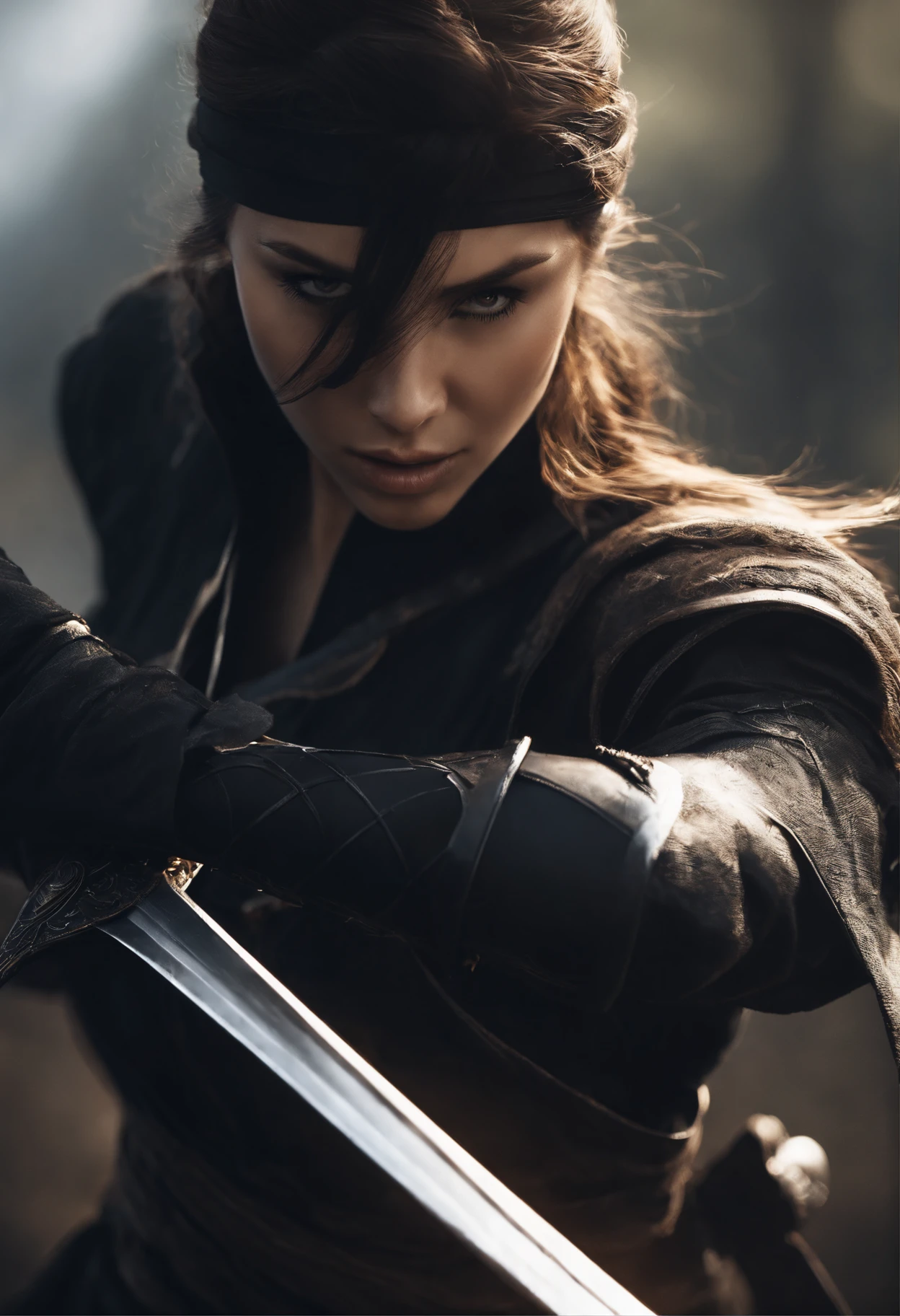 a girl, All black ninja outfit,hanging sword behind ,Whole body, sunlight, Clear Face, Clean white background, masterpiece, super detail, Epic composition, ultra hd, High Quality, Very detailed, official art, Uniform wallpaper 8K, super detail, 32k - in 6