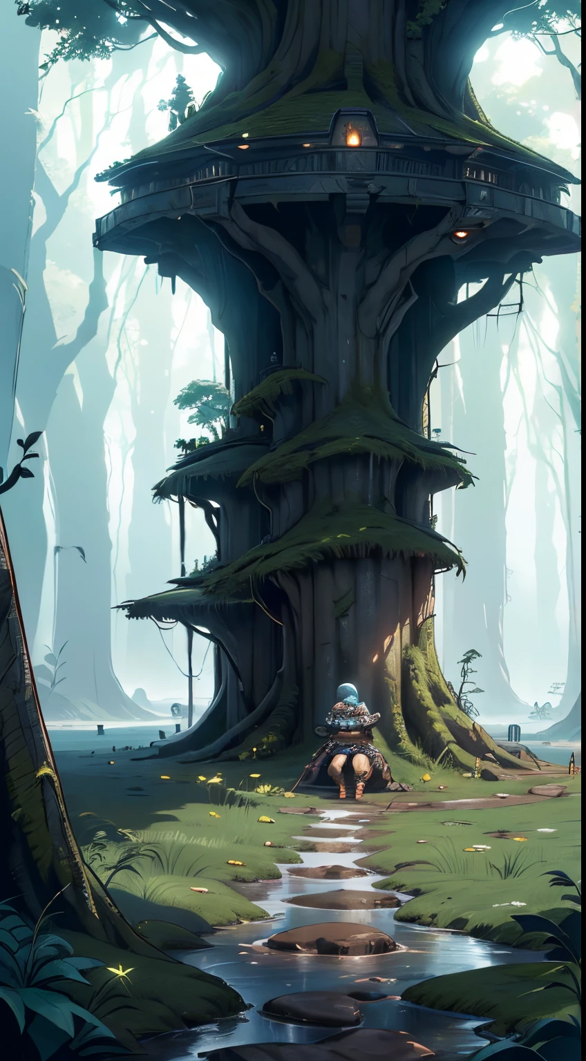 selva densa，Rough and damp trees，Videira enorme e grossa，Ervas daninhas，water puddles，Swamps，Piranha，（(Giant alien flying saucers and a 5 year old adventure squad)),（(cute ???，ambos os sexos, very short），Martelo grosso，Pular no ar para bater，Estilo de jogo Dungeon，Roupas de aventureiro，brutal，bloodthirsty，Atacando，Sangues，sangramento intenso，super-fino，Obras de mestres，alta qulidade，8K分辨率，profundidade de campos，cinemac lighting，epic shot