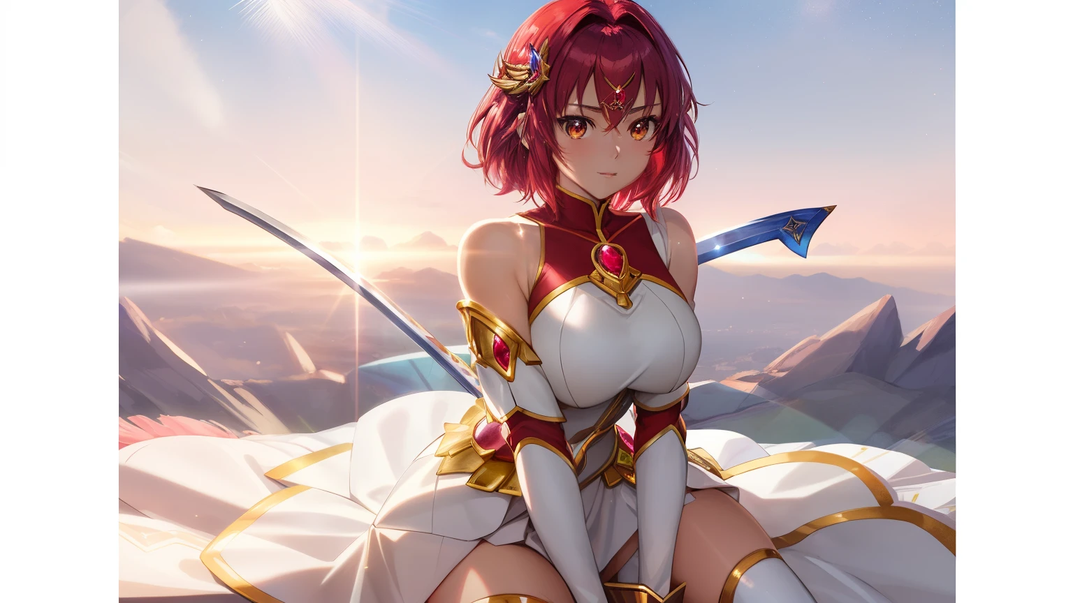 Close-up of a girl in a white dress costume with a sword, knights of zodiac girl, portrait knights of zodiac girl, Girl with short red hair, Brown-eyed girl, Muscular woman, feminine and muscular, Shining ruby armor, seductive princess knight, Dressed in light armor, Dress Armor Girl, huge tit, with large breasts, oppai, Shiny ruby armor, princess intergalactica, Crystal Ruby Armor, rei hino as a princess, High quality anime art style, smooth anime cg art, Princess Knight, digital manga art, magical girl anime mahou shojo, Ruby Princess, Ruby reflective armor,