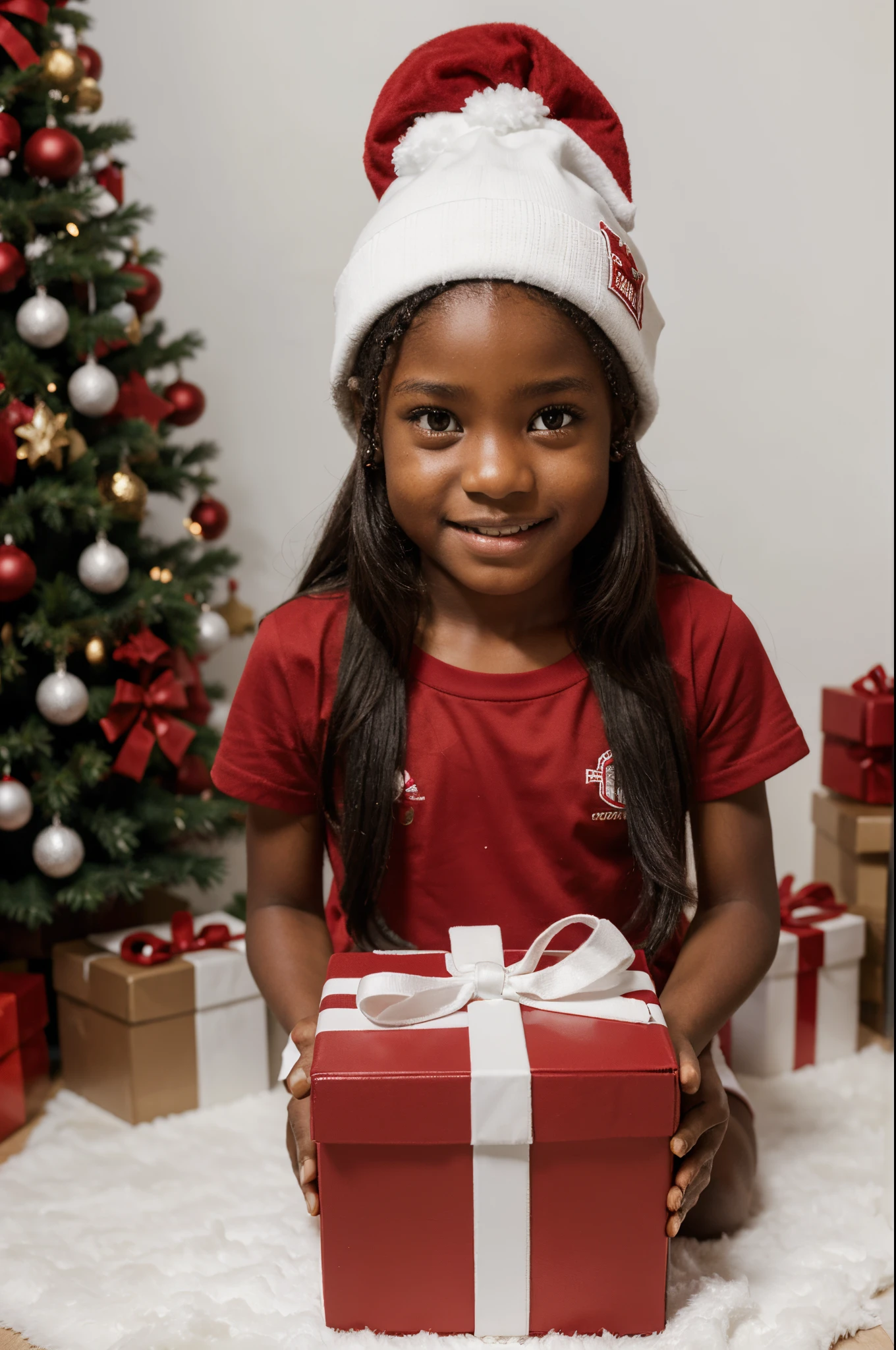 Black child in a photo studio with a white background full of red and white gift boxes, barnet, menino pele preta, garoto,  cabelo crespo, 11 year old black child, com gorro de papai noel, vestida com uma t shirt branca