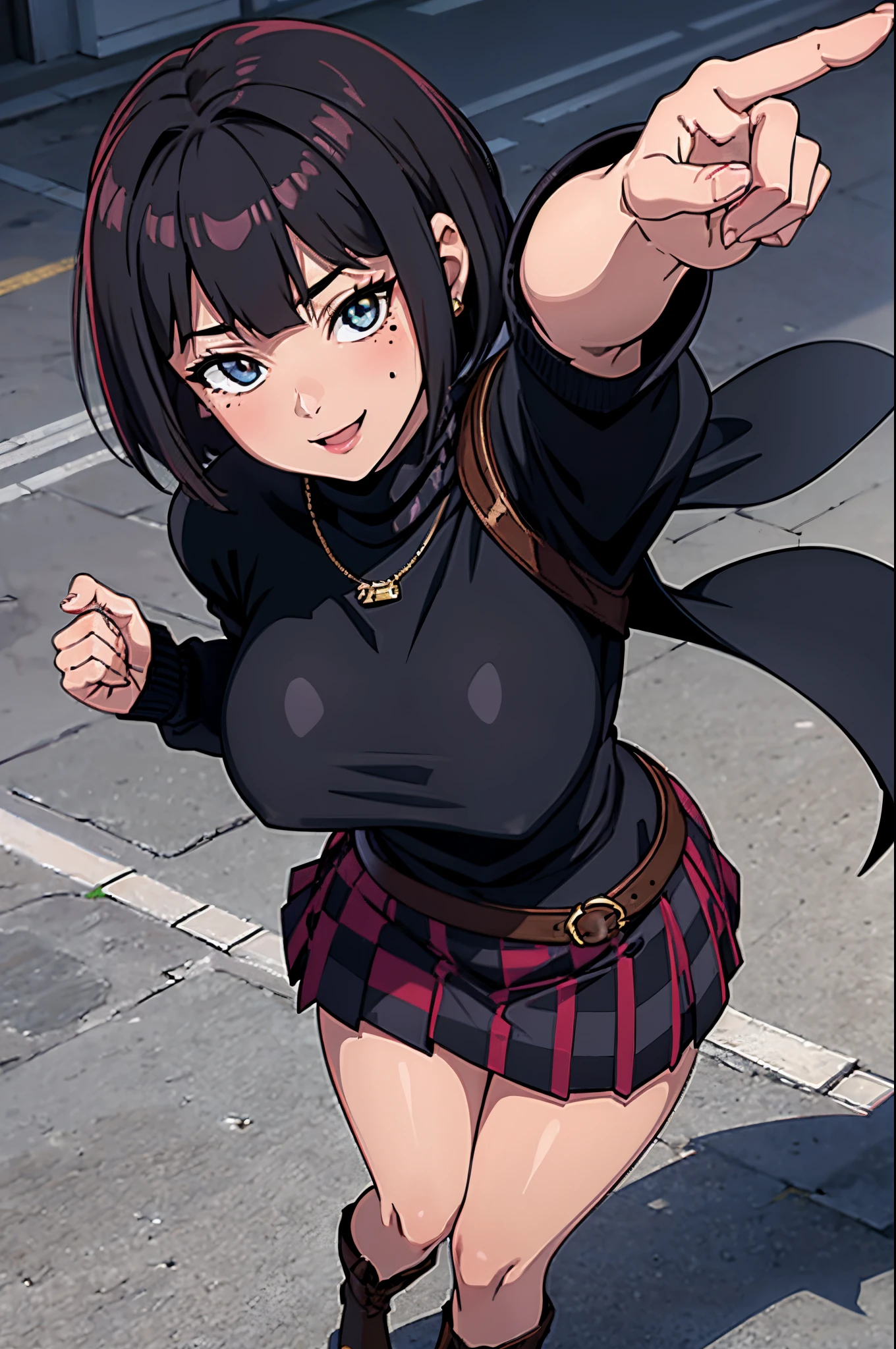 Best quality details:1.2),realistic,8K UHD,High definition,(1girl:1.2),Ultra Detailed,High quality texture,intricate details,detailed texture,finely detailed,high detail,extremely detailed cg,High quality shadow,Detailed beautiful delicate face,Detailed beautiful delicate eyes,Depth of field,Ray tracing,20's,(noel),(Pretty Kpop girl,korean mixed),large breast, tall_female, beautiful_legs, Glow Eyes,blush, glossy lips, perfect body,skinny, (black sweater :1.4), (open checkered coat :1.3),(checkered skirt :1.3), (pantyhose, ankle boots :1.1), (bob cut:1.1), street, sunlight, standing, lens flare, earrings,necklace, model, looking at viewer, (happy smile:1.1), makeup, from front, dynamic pose, mole under eye, messenger bag, selfie