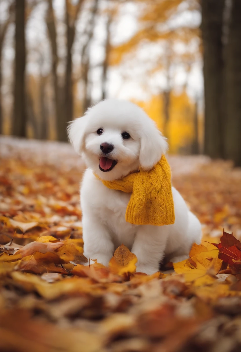 Build a snowman,Yellow leaves,White snow,Snowman red scarf,Carrot nose,chubbiness,A smile appeared on the corner of his mouth,an anthropomorphic turtle,There is a cute puppy beside
