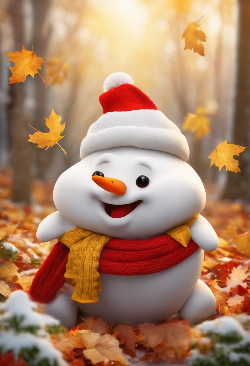 Build a snowman，Yellow leaves，White snow，Snowman red scarf，Carrot nose，chubbiness，A smile appeared on the corner of his mouth，an anthropomorphic turtle，There is a cute puppy beside