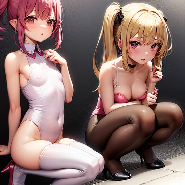 top-quality、masutepiece、((Beige stockings))、a closeup、Fat pretty girl、skin tanned、Squatting、Leotards with frills、Pink leotard、Looking up、Big belly、small flat chest、Show armpits、Sweating all over the body、Pink high heels、red blush、Sheer breasts、Inside public toilets、((nsfw))、Write、Selfie wind、Looking down、I'm weighing down