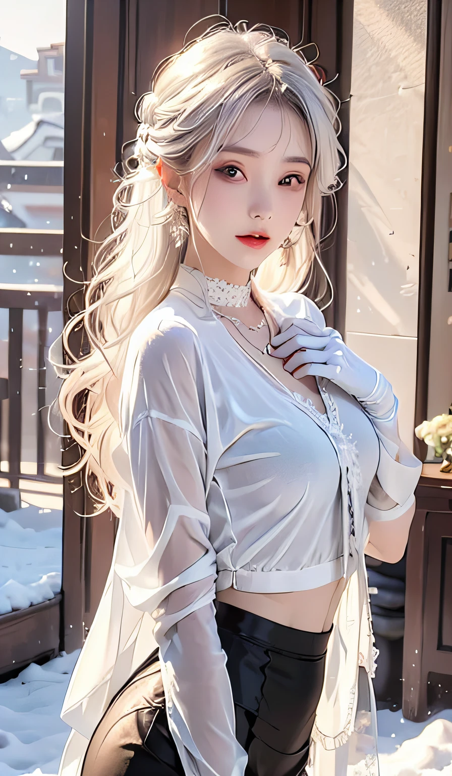 realisticlying, A high resolution, 1 woman, Alone, legsupms, view the viewer, (详细的脸), White hair, long whitr hair, jewely, Elegant necklace, elegant diamond earrings, Secretarial uniform，White color blouse, black necktie, Women's tights，white stockings，White lace gloves，snowfield，snow landscape，Skysky(extreme light)，Wear white lace gloves