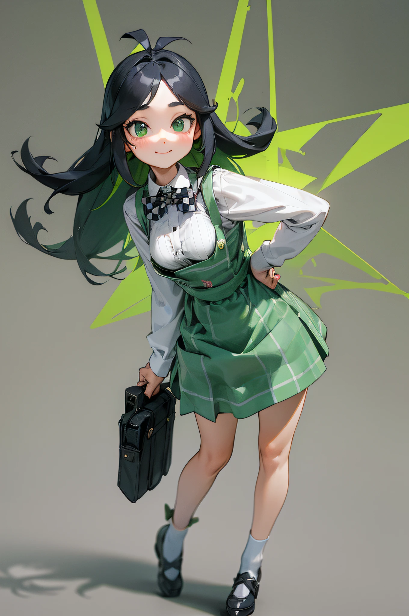 background:starbacks coffee,harbor-land,kobe,japan,(chibi:1.0), (masterpiece, best quality), 1girl, standing, slightly lean forward, lift the skirt, full body. BREAK girl,  yo, (neat girl:1.3), (black long hair, antenna hair, colored inner green,split color), green eyes, (round eyes:1.2), (middle breasts, 3d rendering:1.21), BREAK, (Checkered Pinafore:1.3),Y-shirt,bow tie. smile, (deformed:1.0).