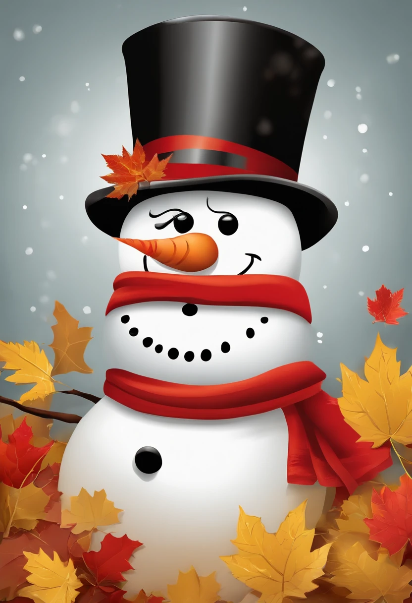 Make a snowman,Yellow leaves,White snow,Snowman red scarf,Carrot nose,chubbiness,A smile appeared on the corner of his mouth,anthropomorphic turtle,There is also a cute little dog next to it