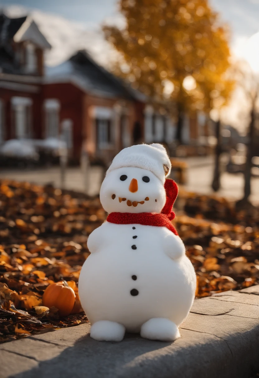 Make a snowman,Yellow leaves,White snow,Snowman red scarf,Carrot nose,chubbiness,A smile appeared on the corner of his mouth,anthropomorphic turtle,There is also a cute little dog next to it