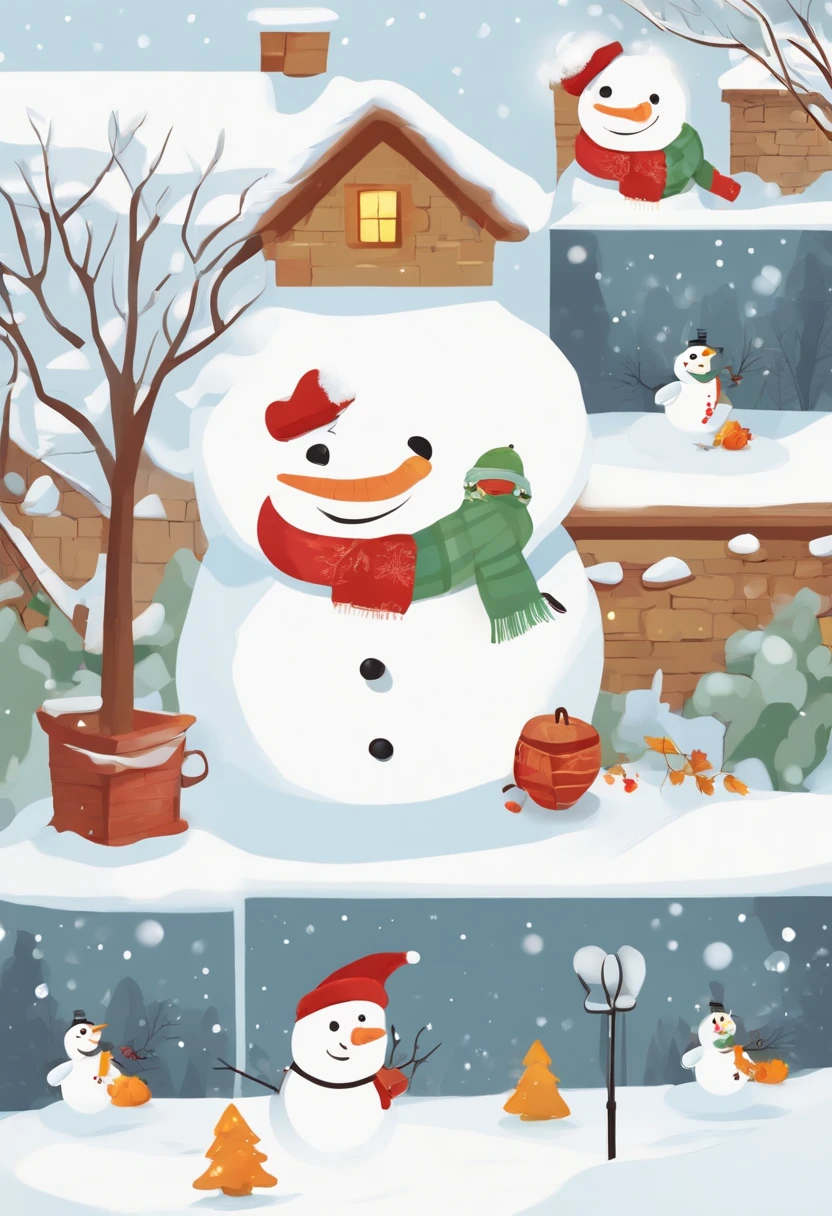 Make a snowman，Yellow leaves，White snow，Snowman red scarf，Carrot nose，chubbiness，A smile appeared on the corner of his mouth，anthropomorphic turtle，There is also a cute little dog next to it