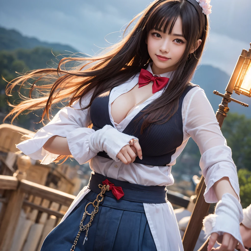 Light blue and pink color scheme,Sexy girl ,tiny body,Petite,tmasterpiece, Best quality at best,1个Giant Breast Girl, red bowtie, the bow, long whitr hair, hair pin, Ainu clothing, Alone, shairband, The bird, brunette color hair, Fingerless gloves, short- sleeved, mitts, Sash, trouser, By bangs, red hairband, arma, boobgasm, Brown eyes, white pantie, komono, nakoruru, light smile, offcial art, Good composition, official pose, Detailed portrait, sportrait, bokeh, Clouds and mountains background, samurais, onmyoji style, A high resolution, Dramatic lights and shadows, sunflare, blurryforeground