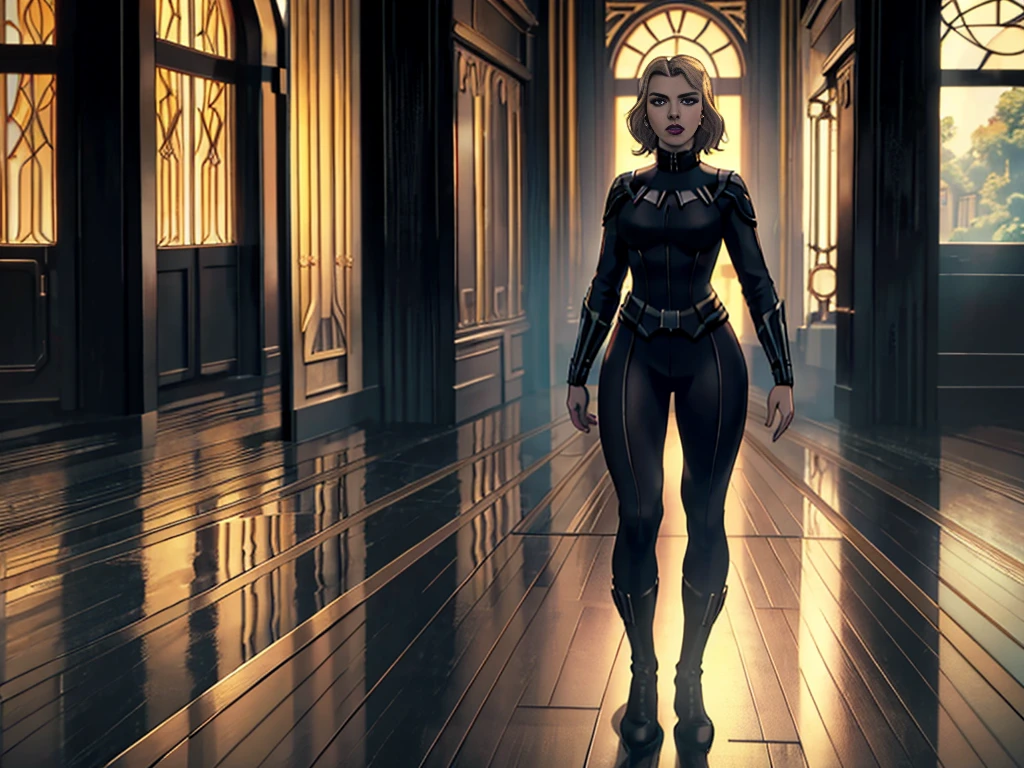 scarlett johansson, blonde, black panther hero uniform, full body, high quality, 4k, hyper realistic photo, realistic details, smooth shadows, hdr, natural illumination, satured colors