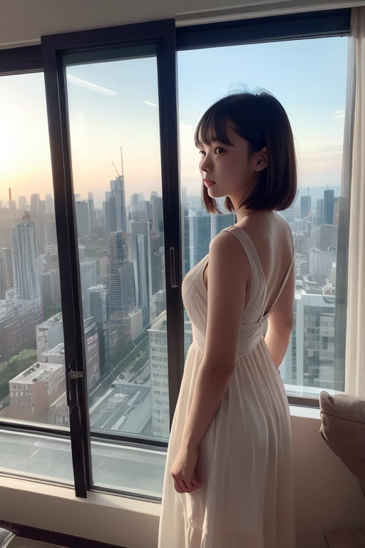 18year old、femele、White dress、Shorthair、looking outside from inside a skyscraper、posterior view、Sunset