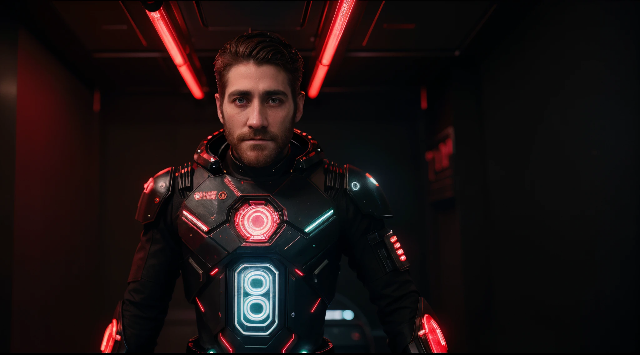 Cinematic Ultra Realistic 8k Centered, homem [Jake Gyllenhaal] com barba, In a shiny black mechanical android suit with red accents and lights with intricate cybernetic implants, coat, indoor backdrop illuminated with red neon lights, bem iluminado, Cyberpunk, Foto premiada, Bokeh, red neon lights, cybernetic limb