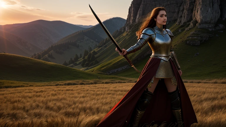 (Best Quality,4k,8K,hight resolution,Masterpiece:1.2), Ultra-detailed, (Realistic,Photorealistic,photo-realistic:1.37), The woman, medieval garb, holding sword, Wheat field, Sunset, sword, arma, 1girl, 独奏, Sun, bronya, exteriors, Long hair, golden hour, Epic, medieval fantasy, dramatic  lighting, Ready for Battle, heroine, Powerful, Confident, flowy dress, determination, warrior, Historic, An ancient, Orus, Mystical, Warrior princess, Brave, Strong, fearless, female knight.