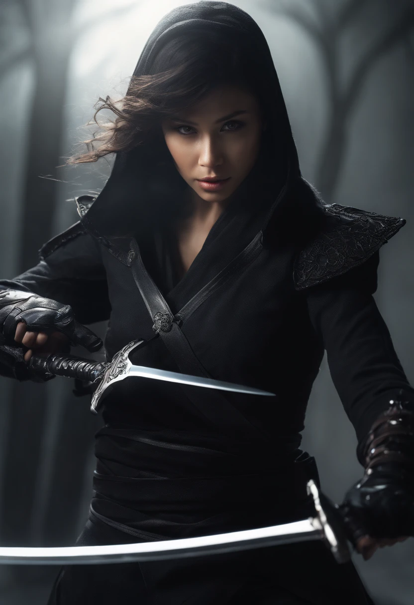 a girl, All black ninja outfit,hanging sword behind ,Whole body, sunlight, Clear Face, Clean white background, masterpiece, super detail, Epic composition, ultra hd, High Quality, Very detailed, official art, 8K uniform wallpaper, super detail, 32,000 - in 6