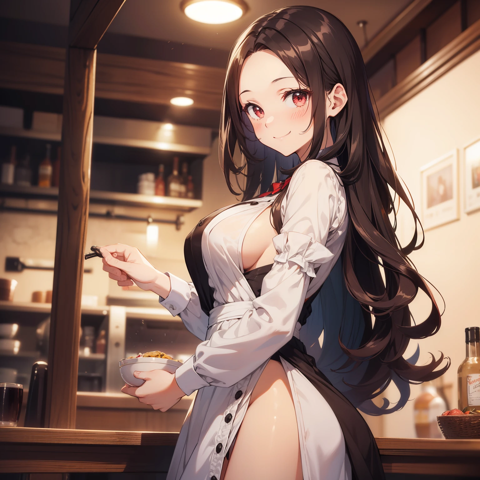 (masutepiece,Best Quality,8K),(extremely detailed CG1.1),s girl,Smile,large boob,(From below:1.2),Intricate details , Hyper realistic, Perfect Anatomy,A dark-haired,Red Eyes,(((Forehead))),Permed hair with wavy hair,(((length hair))),Hair over one eye,hair slicked back,(((Standing))),Full body,Maid costume,blush,Happy smile,Old restaurant,Looking at Viewer