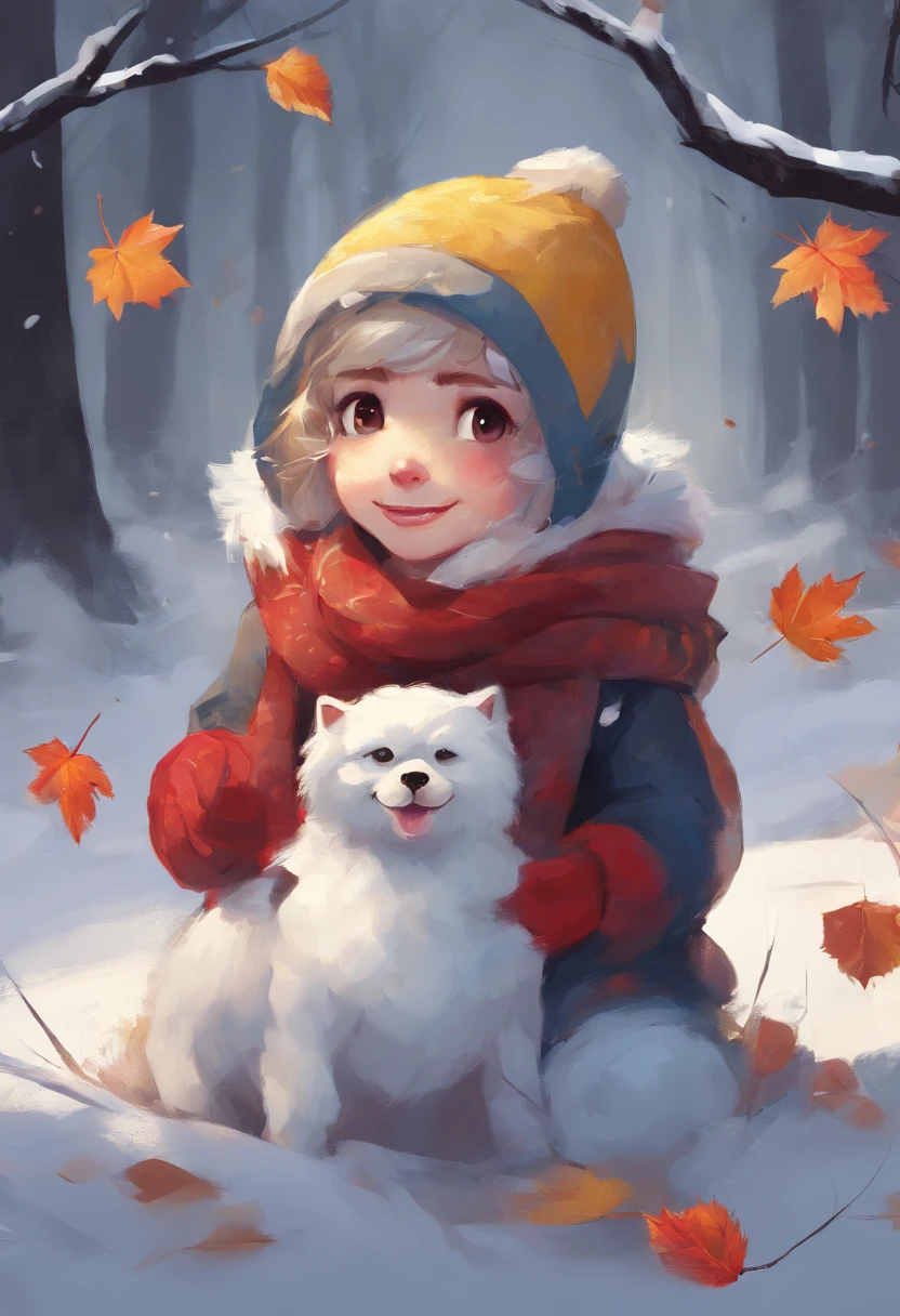 A girl turned into a snowman,Snow white all over,gradually freezing,Yellow leaves,Red scarf,A smile appeared on the corner of his mouth,There is also a cute little dog next to it