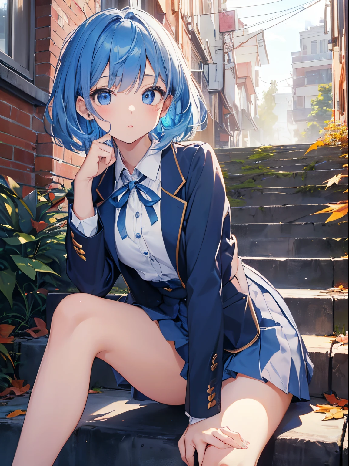 (Highest quality illustrations:1.2), (Kawaii Girl:1.1), (1girl in:1.5, 独奏:1.5)、One pose、The upper part of the body、((posterior view:1.5))、(photographed from the back)、(taken from the under:1.2)、pantyshot、 (1girl in、18year old、One pose、cute little、Medium chest:1.5、ultradetailed eyes:1.2)、(beauty breast)、((blue eyess、Blue hair:1.5))、(shorth hair)、Short bob hair、thin-waist、small ass、skinny thigh、 (high-school uniform。Dark blue blazer、white shirt、Blue Ribbon、White pleated skirt),A smile、BREAK(top-quality、ultra-detailliert、highly detailed and beautiful、超A high resolution、Detailed arm:1.2),Morning scenery、Autumn sky、Colored leaves、Run up the stairs、Angle from below