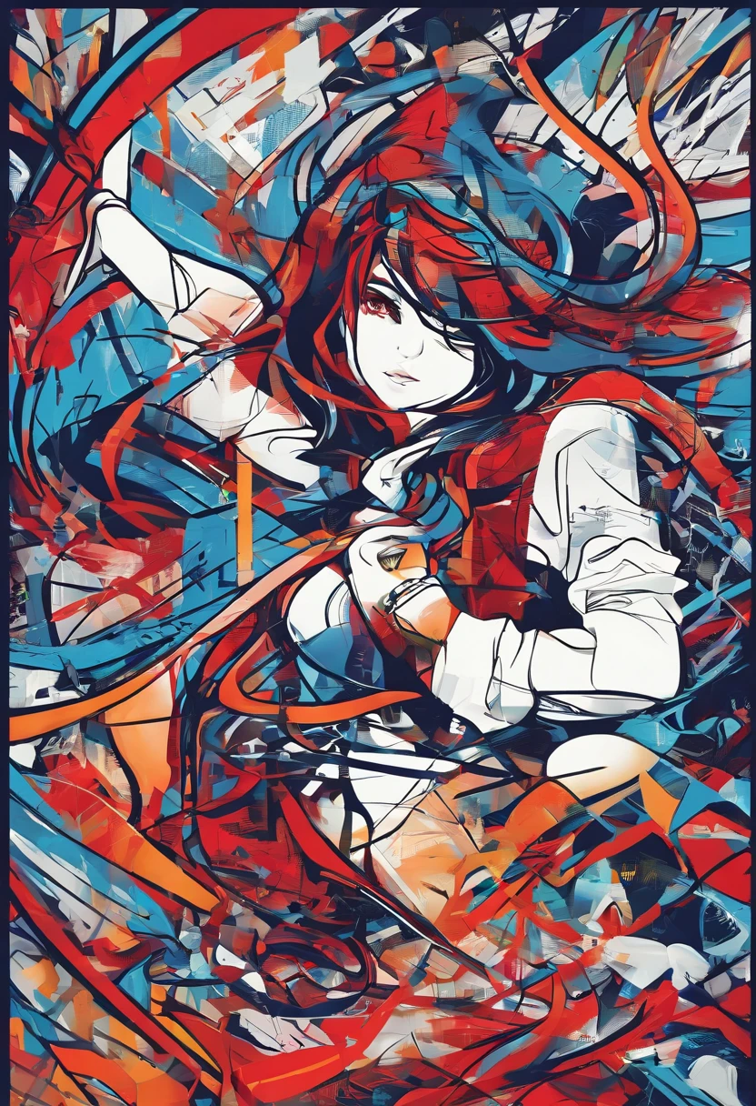 [Amazing Cleavage | astounding | Exquisite ]Graphic design，scribbles， red and blue blocks ，（Best quality at best， tmasterpiece），（Lines are clear but complex），Ultra-clear image quality，32K，retinas, Best quality at best。