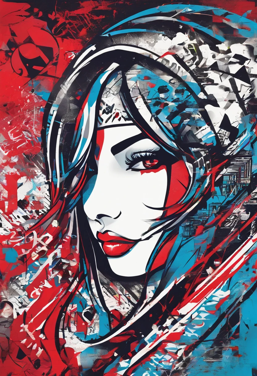 [Amazing Cleavage | astounding | Exquisite ]Graphic design，scribbles， red and blue blocks ，（Best quality at best， tmasterpiece），（Lines are clear but complex），Ultra-clear image quality，32K，retinas, Best quality at best。