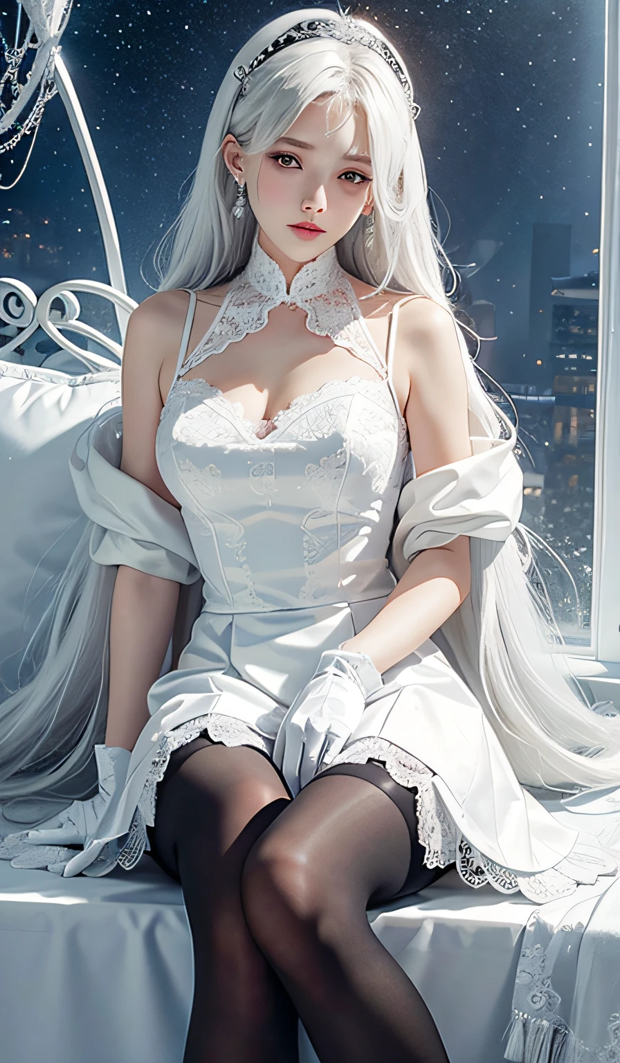 true, A high resolution, 1 woman, Alone, legsupms, view the viewer, (详细的脸), White hair, long whitr hair, jewely, Elegant necklace, elegant diamond earrings, Secretarial uniform,White color blouse, black necktie, Women's tights,white stockings,White lace gloves,snowfield,snow landscape,Skysky(extreme light),Wear white lace gloves