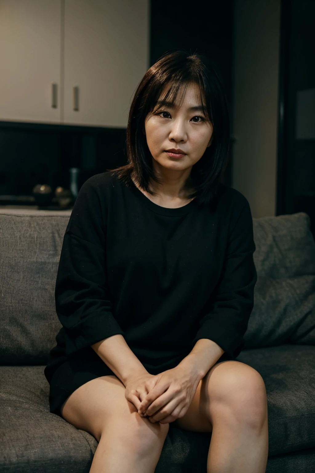 A Korean mother-in-law in her 50s with a greedy face sitting on the living room sofa wearing black clothes on a dark night