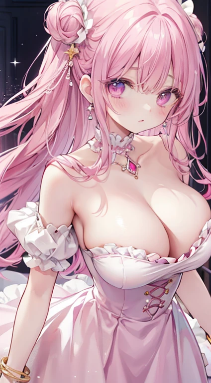 1 woman、爆乳、cleavage of the breast、pale pink hair、Eyes like pink jewels、Maids、Lots of frills and ribbons、diamond brooch、sparkling stars、A bracelet、Diamond Earrings、top-quality、(The upper part of the body)
