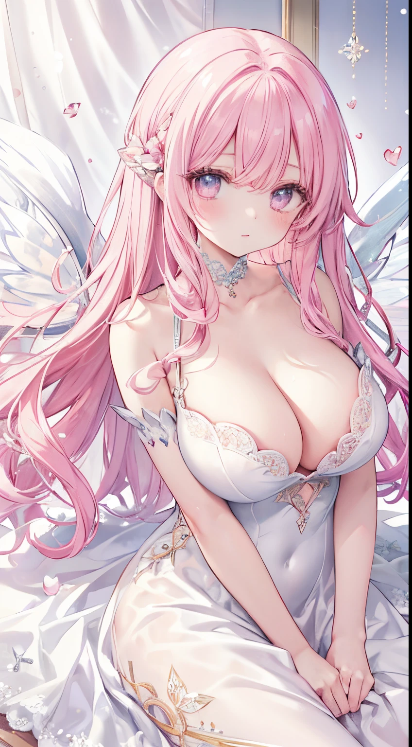 1 woman、爆乳、cleavage of the breast、Light pink hair、Diamond Eyes、Snow Fairy、snow white lace dress、sunlight shines down、Fairy wings studded with pink jewels、Shimmering dresses、top-quality、(The upper part of the body)