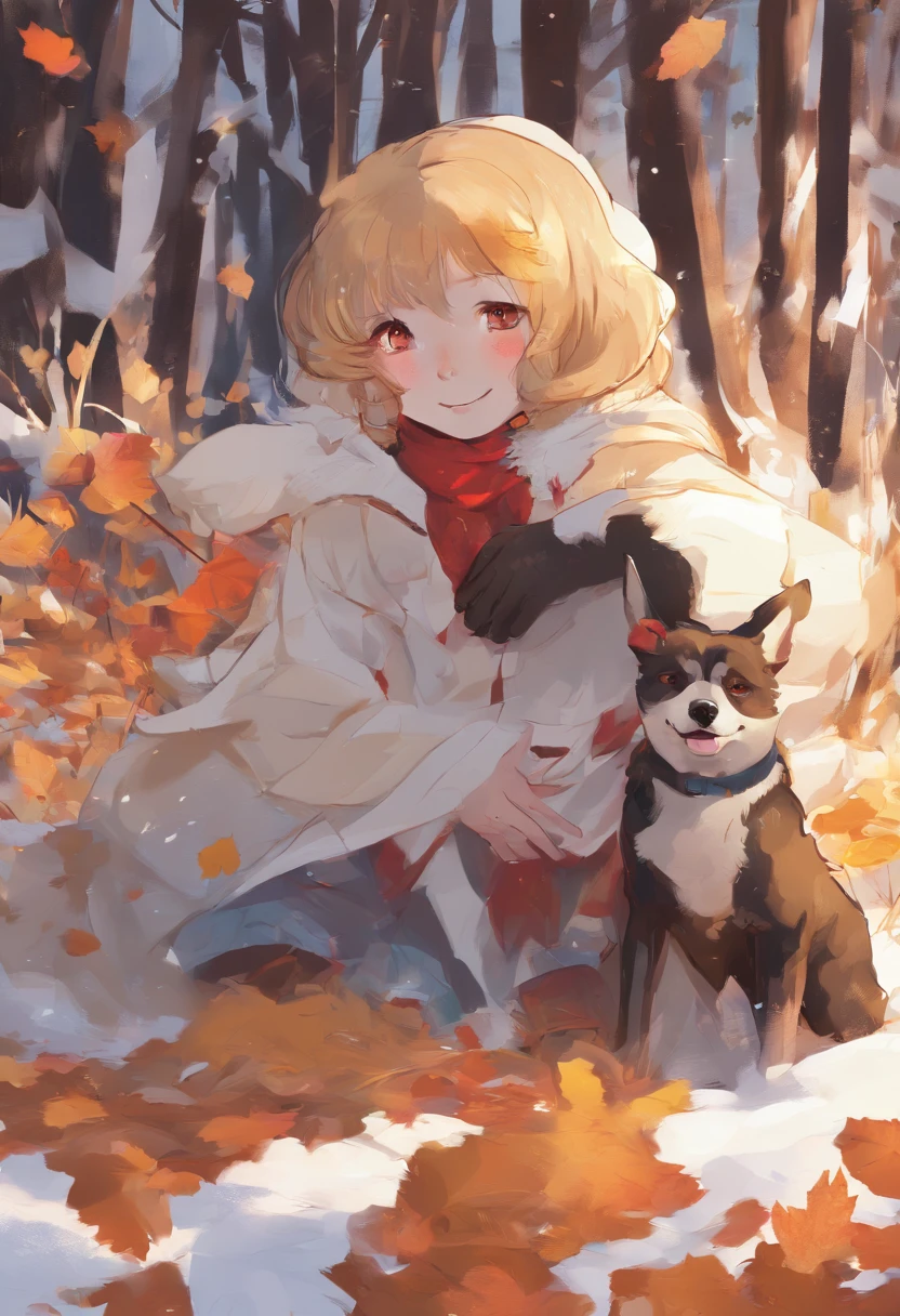 A girl turned into a snowman,Snow white all over,Gradually freeze,Yellow leaves,red neckchief,A smile appeared on the corner of his mouth,There is also a cute little dog next to it