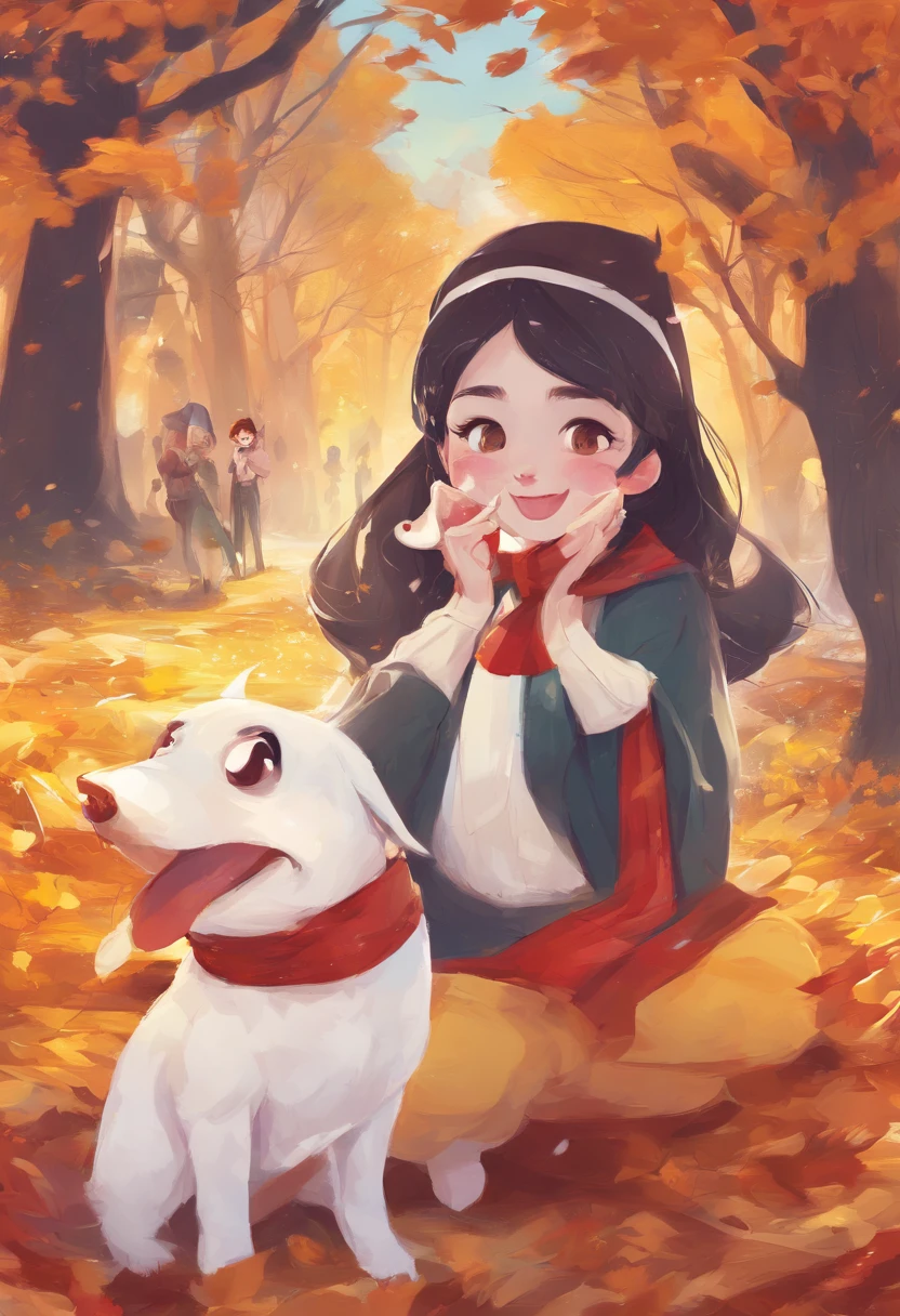 A girl turned into a snowman，Snow white all over，Gradually freeze，Yellow leaves，red neckchief，A smile appeared on the corner of his mouth，There is also a cute little dog next to it