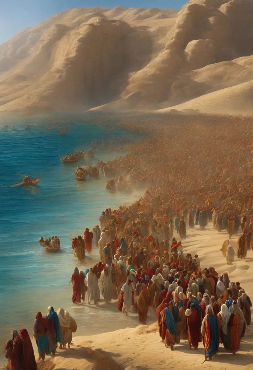 there are a lot of people walking on the beach, a dirt road in the sea, red sea, epic biblical representation, beautiful image already created, by Matt Stewart, by Jon Coffelt, Moses, by Saul Yaffie, 0 0 0 BC, by Israel Tsvaygenbaum, by Ken Elias, by Scott M. Fischer, by Dennis Ashbaugh