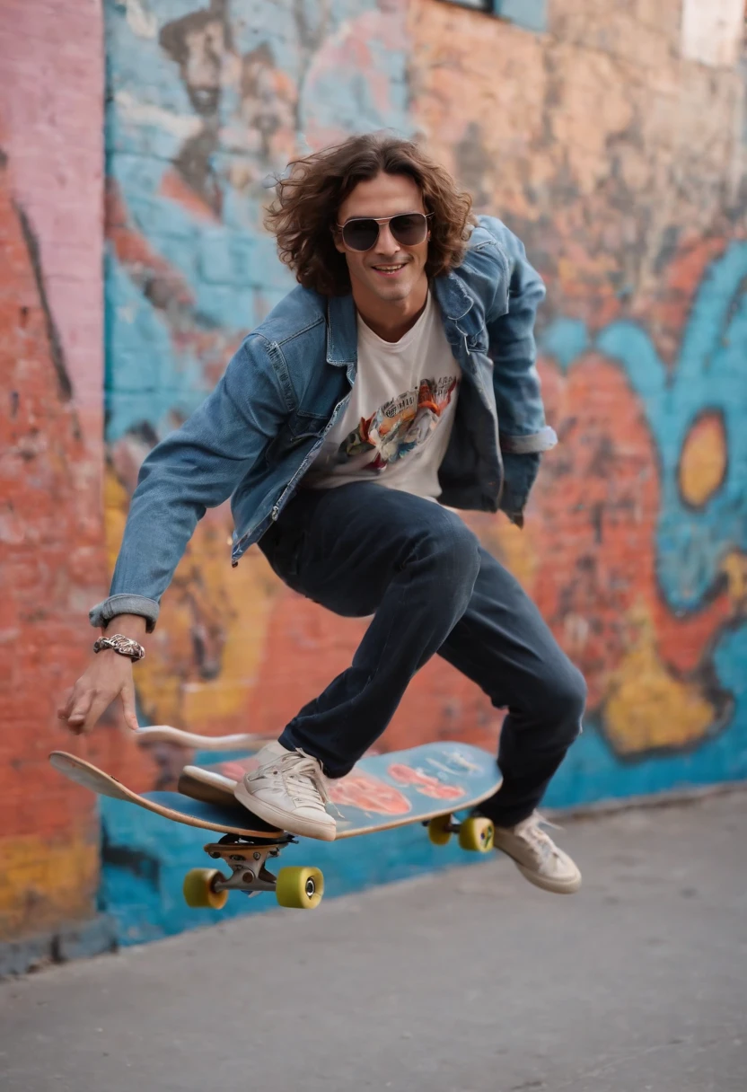 The image is of the character dressed up as a 90s skateboarder, doing a mid-air trick on a halfpipe with colorful graffiti murals in the background.,original,Howard in the 1990s, the renowned radio personality, was known for his distinctive, long curly hair that fell past his shoulders, often paired with dark sunglasses, projecting a rock star-like image. His tall, slender frame was typically clad in casual, yet stylish attire, reflecting his nonconformist attitude and presence in the entertainment world.