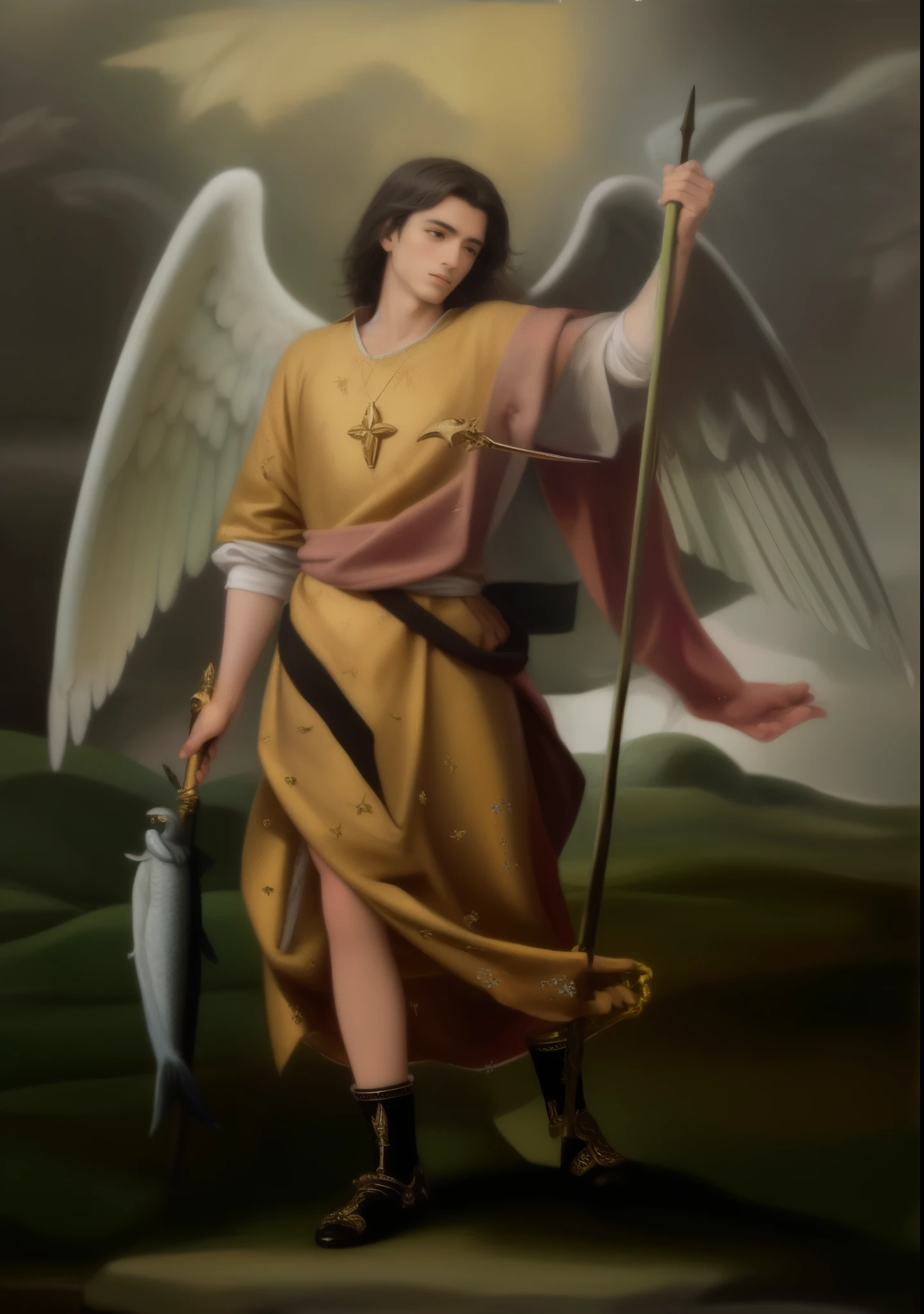 painting of an angel holding a fish and a staff, Saint Michael the Angel, archangel michael, Michelangelo's, archangel, inspired by Ángel Botello, full of paintings of angels, angelical, biblical accurate angel, Oil canvas of Lucifer, angel, Angel of the Old Testament, Angel Biblically Acon, full - body majestic angel, one angel