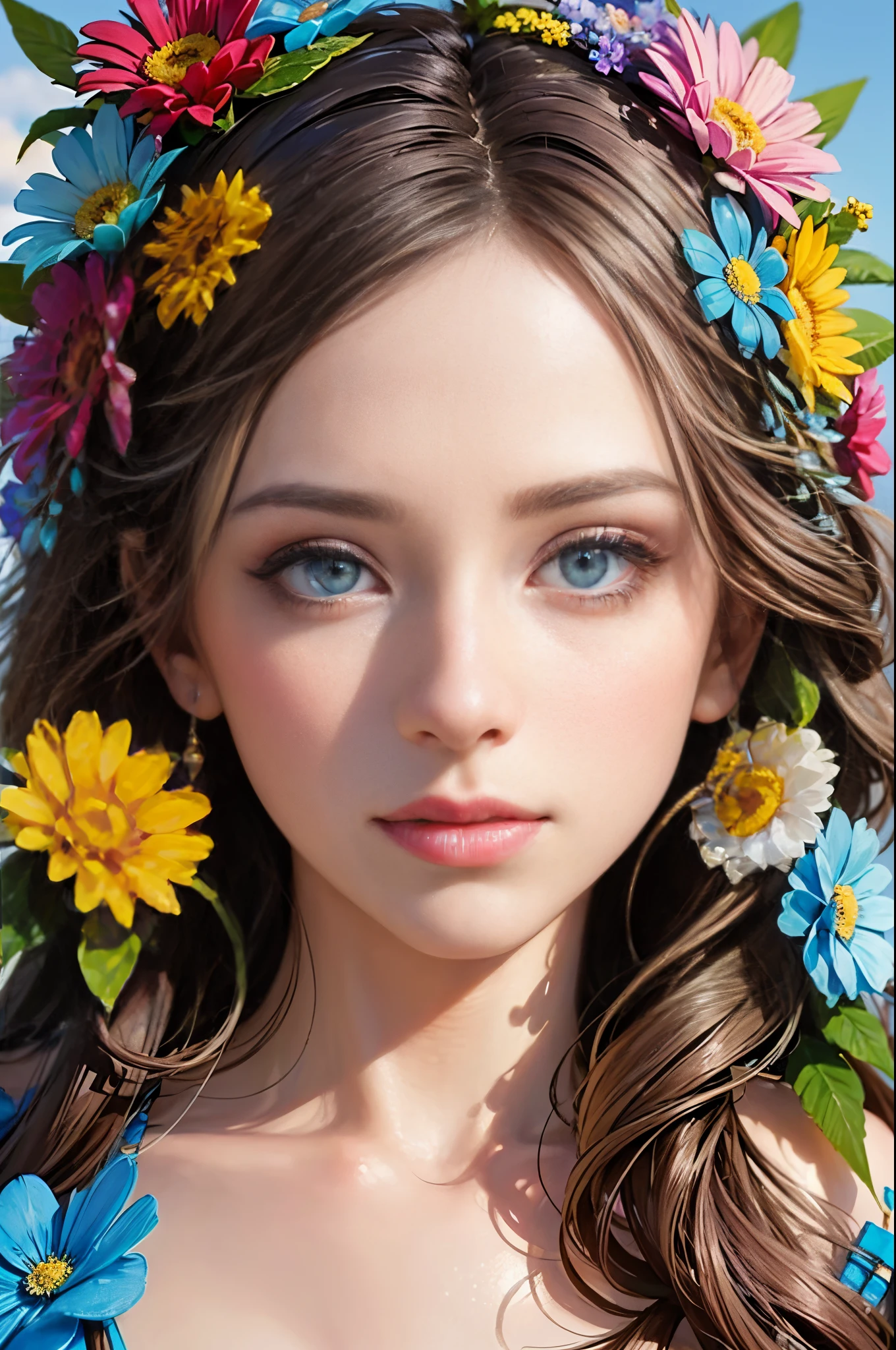 A very close up of a woman face, colourful flowers surrounding her, hair decorated with flowers, very beautiful colours, vibrant, petals, gorgeous face, very detailed Blue eyes, photo realistic, hyper-realistic, very detailed