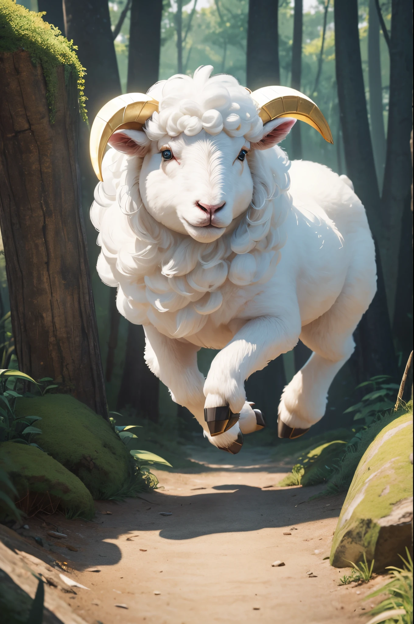 8K,1animal,single body,Rough costumes,Cute little surreal pure white sheep with golden eyes、pure white male sheep,Chibi、Adorable and fluffy、Stand on two legs,Logo Design、comic strip、cinematic lighting effect、A charming、3D Vector Art、Cute and quirky、Fantasyart、bokeh dof、handdraw、digitial painting、Soft lighting、Isometric style、4K resolution、photo realistic render、Highly detailed clean、Vector image、A photorealistic masterpiece、professional photograpy、Simple space background、Flat white background、 isometry、vivid vector,in woods,well-muscled,