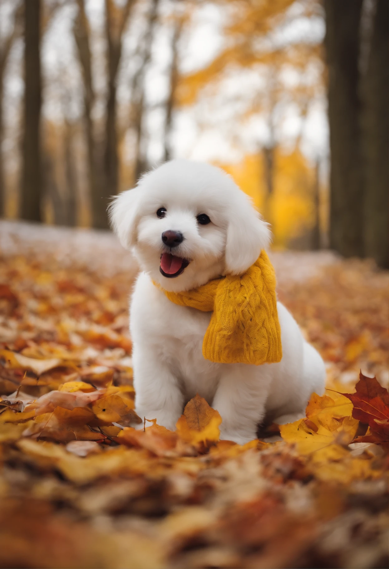 Build a snowman,Yellow leaves,White snow,Snowman red scarf,Carrot nose,chubbiness,A smile appeared on the corner of his mouth,an anthropomorphic turtle,There is a cute puppy beside