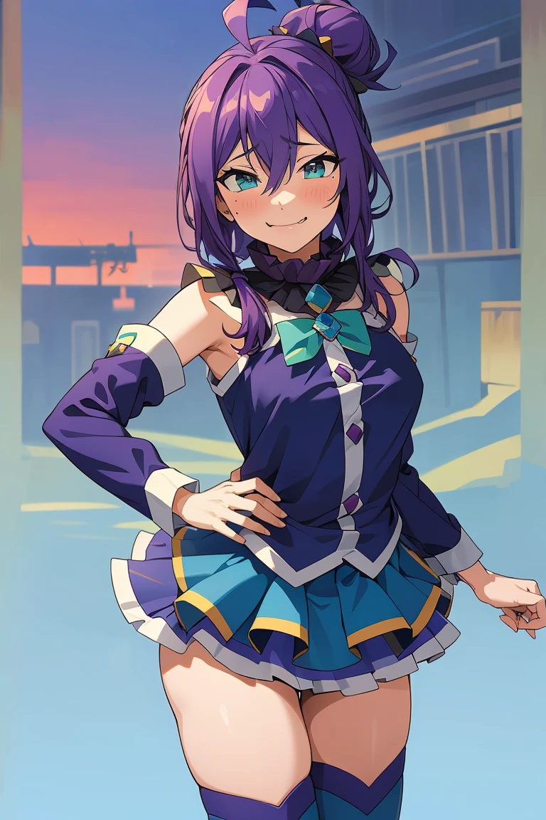 long hair, mole under mouth, purple hair, hair bun, hair between eyes, teal eyes, sharp teeth, ahoge, blush, smile, cowboy shot,(masterpiece, best quality, detailed), 1girl, solo, (aqoutfit)