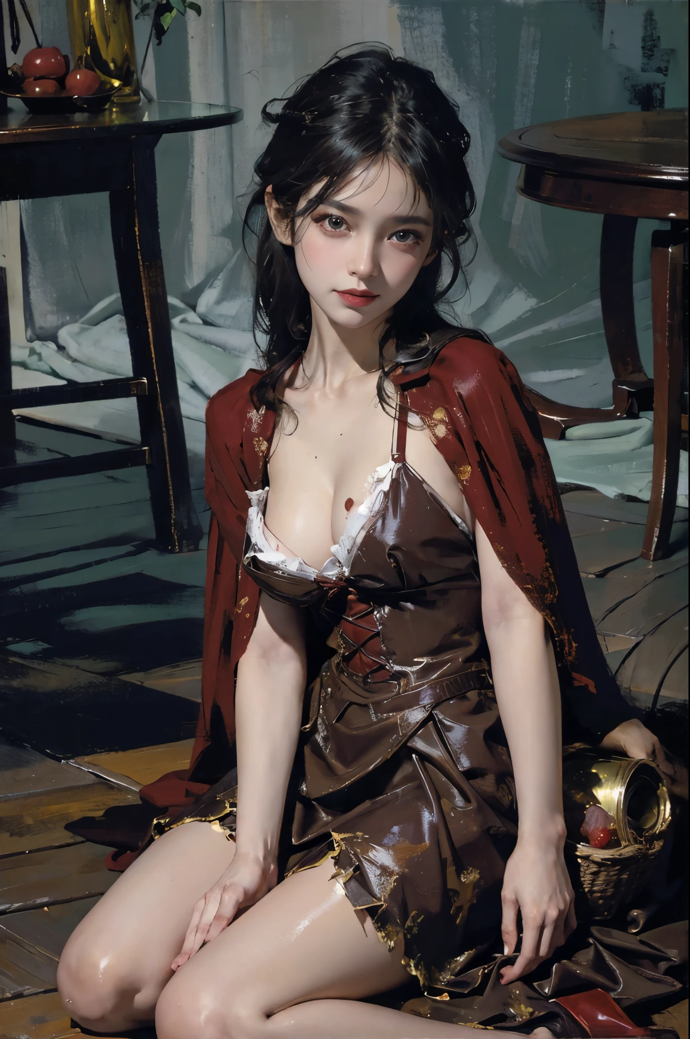 Photo of little girl living with wolf,Now leading them to fight,(Clothes are torn and exposed :1.4),Expose tiny underwear, red capelet,red red hood,laced dress,redhood, capes, Big breasts corset, a skirt, reddress,Carrying a basket of fruits,Background with:exteriors,natural lightting, Candy House,a fairy world,the dark forest,Wooden house in the distance,Huge wolf head on rough wooden table,Glass jars filled with candy, whimsical world, 8K, k hd, 详细的脸, 詳細な目,hyper realisitc, + Cinema lenses + dynamic compositions, Huge beasts,Mature female figure, slim toned body,mediuml breasts,Sweated,Wet hair,(very delicate beautiful),Contour deepening, realistically, Precise geometry, Complicated details, Smiling,From the bottom up, Close-up cleavage,Charming and sexy legs,((Sexual suggestiveness)),seductiv,(post-Impressionist),,(Fechin Oil Painting - Fechin Oil Painting , oil painted), 05