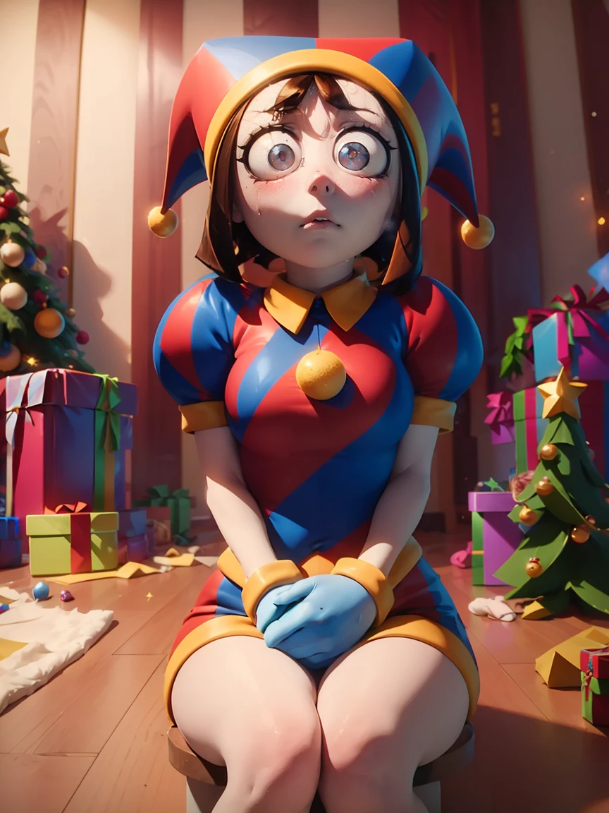 (master piece: 1.1), (pomni), 1girl, mature female, emphasis_face, detailed face, (detailed colored eyes), puffy sleeves, symbol-shaped pupils, (shy), anime character, gloves red and blue, (embarassed), arms and hands at your sides, brown hair, very details on face, short hair, living room, table, sitted, (christmas theme room), christmas tree, cowboy shot, christmas_background